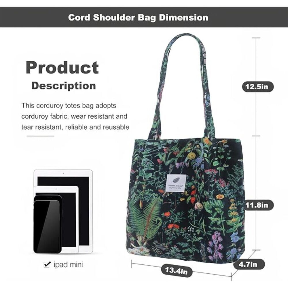 Women Black Plant Imported Corduroy Small Canvas Shoulder Handy Tote Bag - Picture 3 of 4